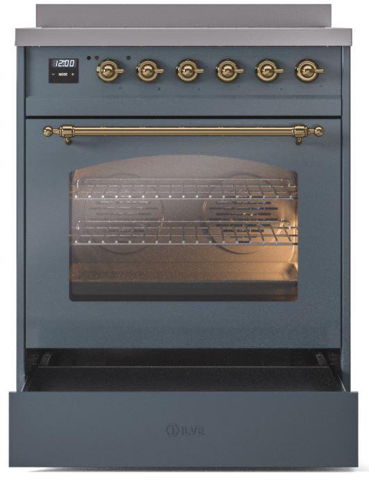 Ilve UPI304NMPBGG Nostalgie Ii 30 Inch Electric Freestanding Range In Blue Grey With Brass Trim