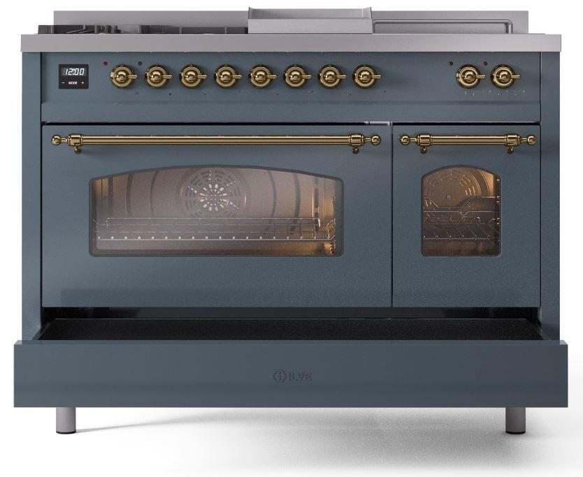 Ilve UP48FSNMPBGGLP Nostalgie Ii 48 Inch Dual Fuel Liquid Propane Freestanding Range In Blue Grey With Brass Trim