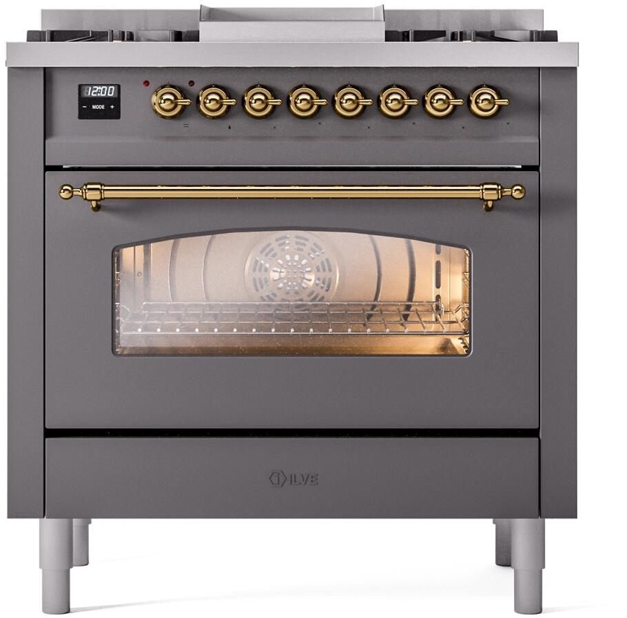 Ilve UP36FNMPMGG Nostalgie Ii 36 Inch Dual Fuel Natural Gas Freestanding Range In Matte Graphite With Brass Trim