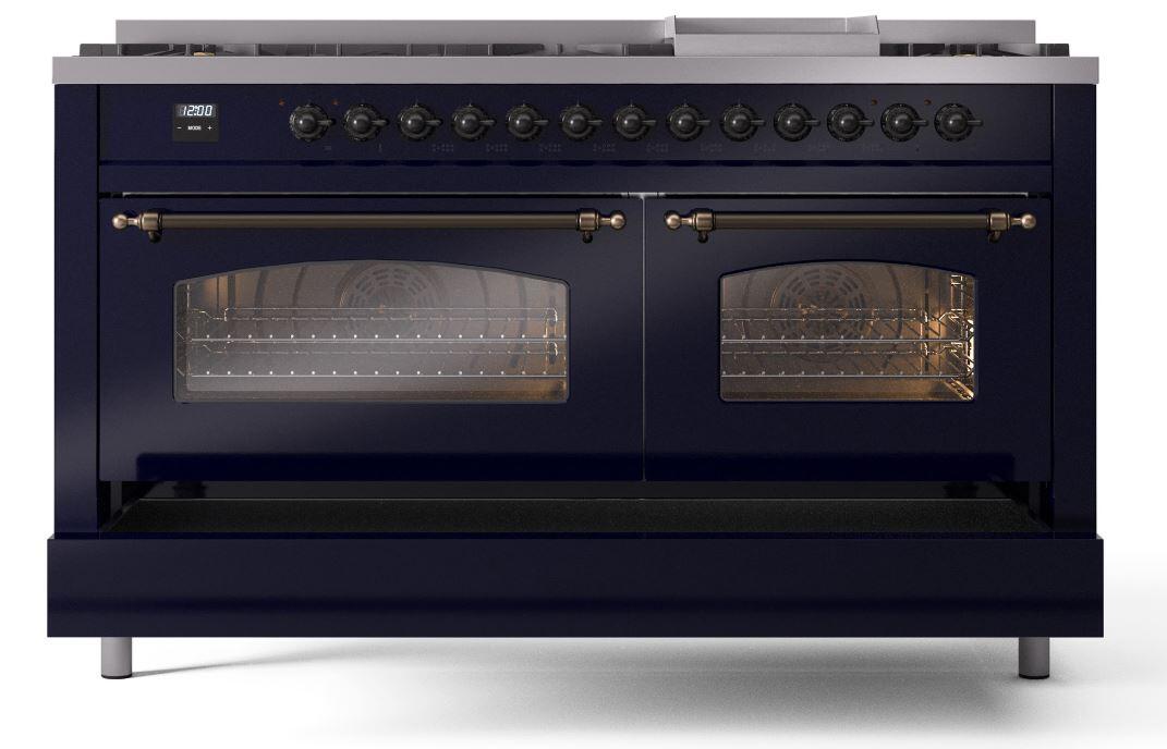 Ilve UP60FNMPMBBLP Nostalgie Ii 60 Inch Dual Fuel Liquid Propane Freestanding Range In Blue With Bronze Trim