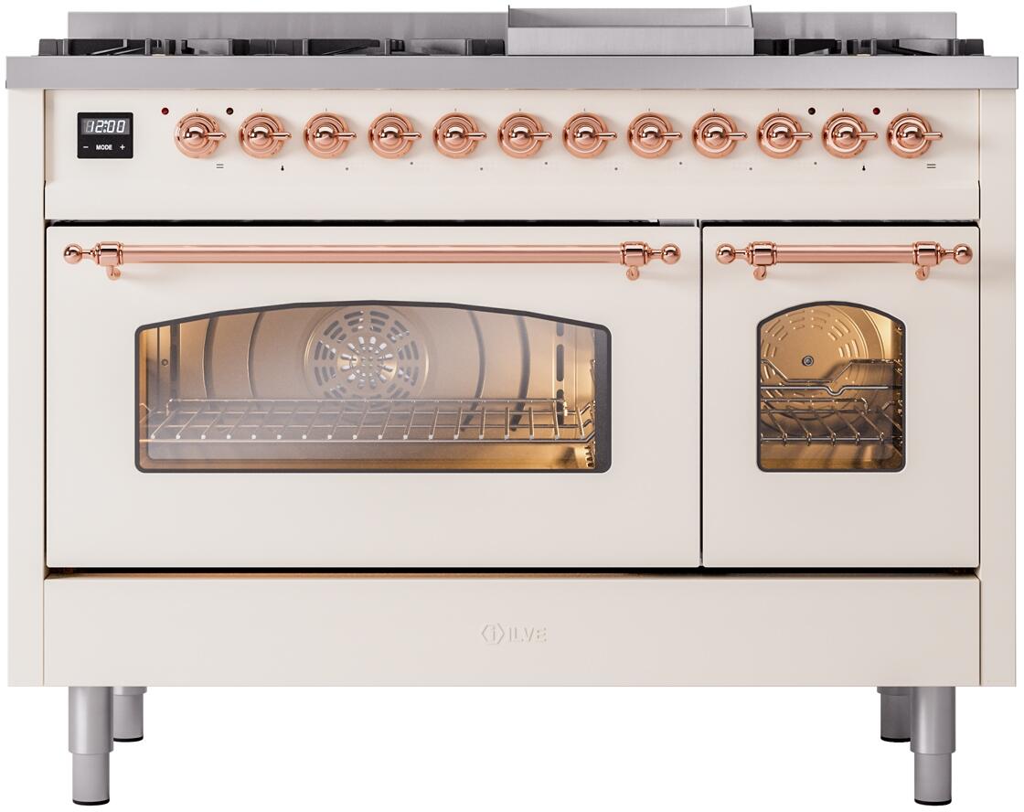 Ilve UP48FNMPAWPLP Nostalgie Ii 48 Inch Dual Fuel Liquid Propane Freestanding Range In Antique White With Copper Trim