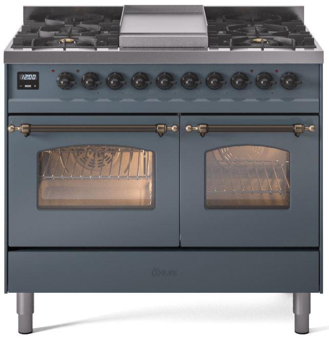 Ilve UPD40FNMPBGBLP Nostalgie Ii 40 Inch Dual Fuel Liquid Propane Freestanding Range In Blue Grey With Bronze Trim