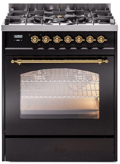 Ilve UP30NMPBKG Nostalgie Ii 30 Inch Dual Fuel Natural Gas Freestanding Range In Glossy Black With Brass Trim