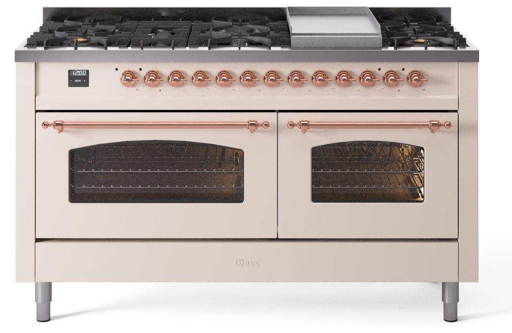 Ilve UP60FNMPAWPLP Nostalgie Ii 60 Inch Dual Fuel Liquid Propane Freestanding Range In Antique White With Copper Trim