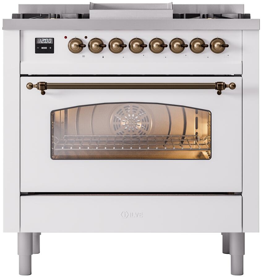 Ilve UP36FNMPWHB Nostalgie Ii 36 Inch Dual Fuel Natural Gas Freestanding Range In White With Bronze Trim