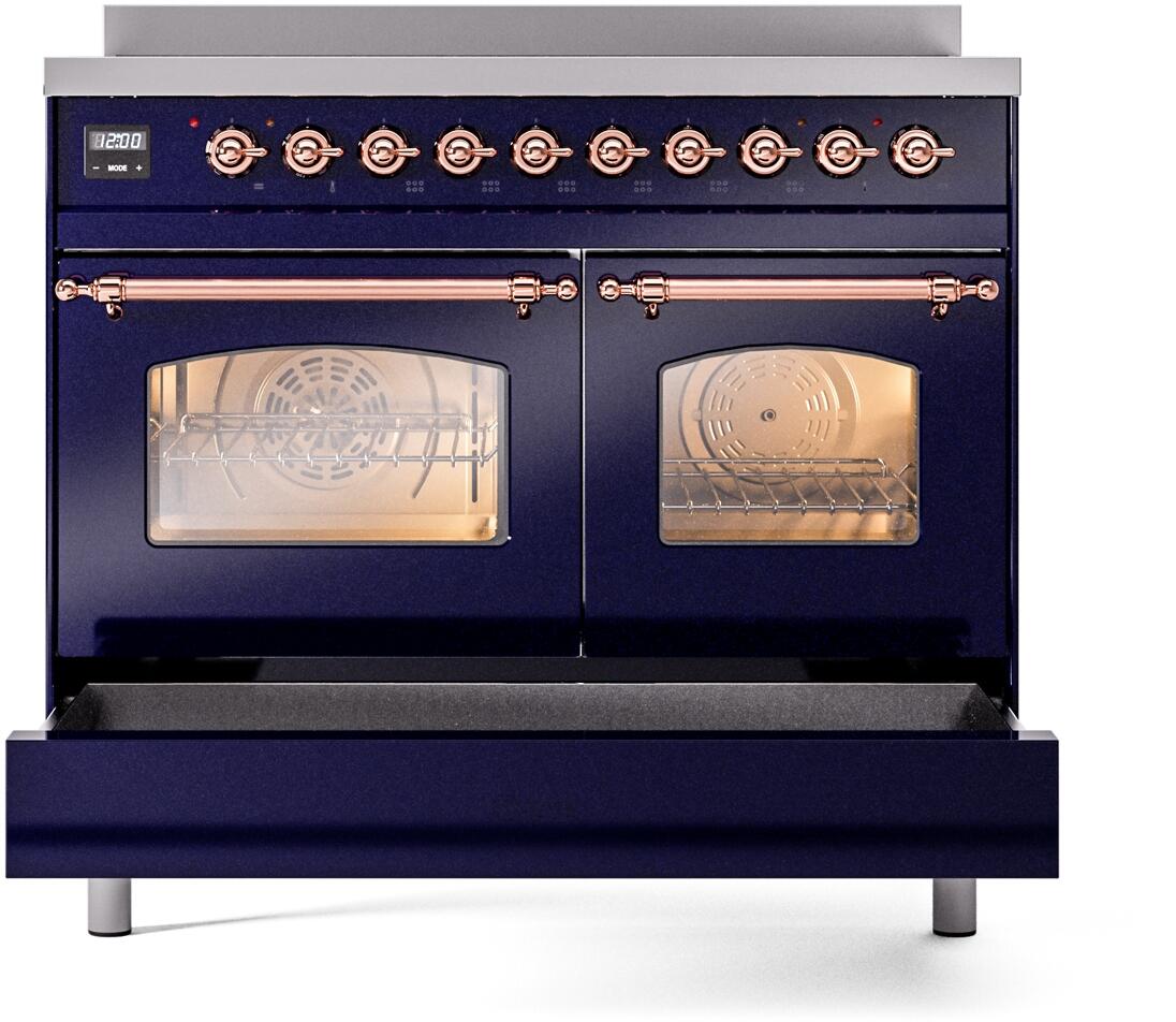 Ilve UPDI406NMPMBP Nostalgie Ii 40 Inch Electric Freestanding Range In Blue With Copper Trim