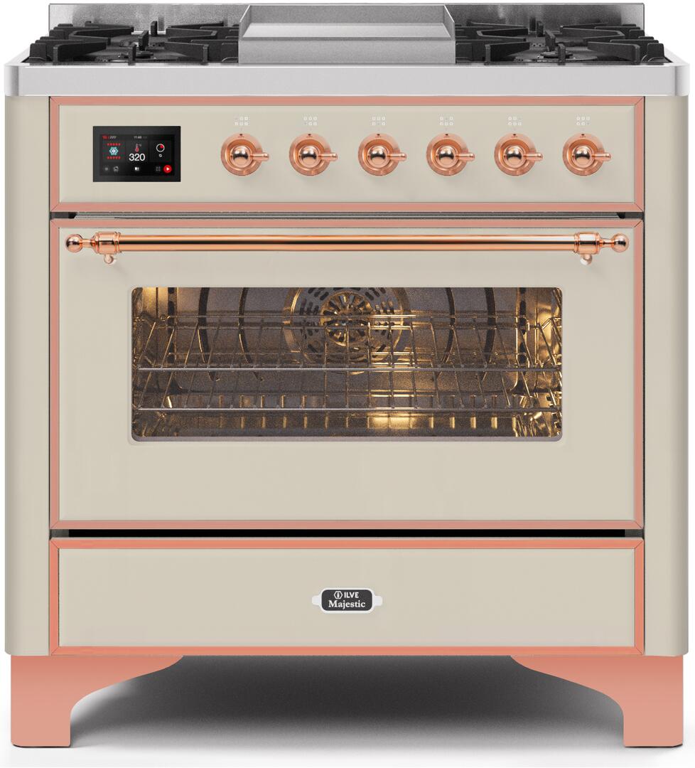 Ilve UM09FDNS3AWPLP Majestic Ii 36 Inch Dual Fuel Liquid Propane Freestanding Range In Antique White With Copper Trim