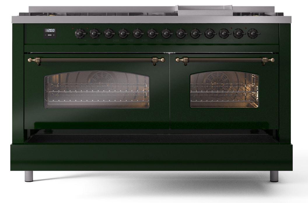 Ilve UP60FNMPEGB Nostalgie Ii 60 Inch Dual Fuel Natural Gas Freestanding Range In Emerald Green With Bronze Trim