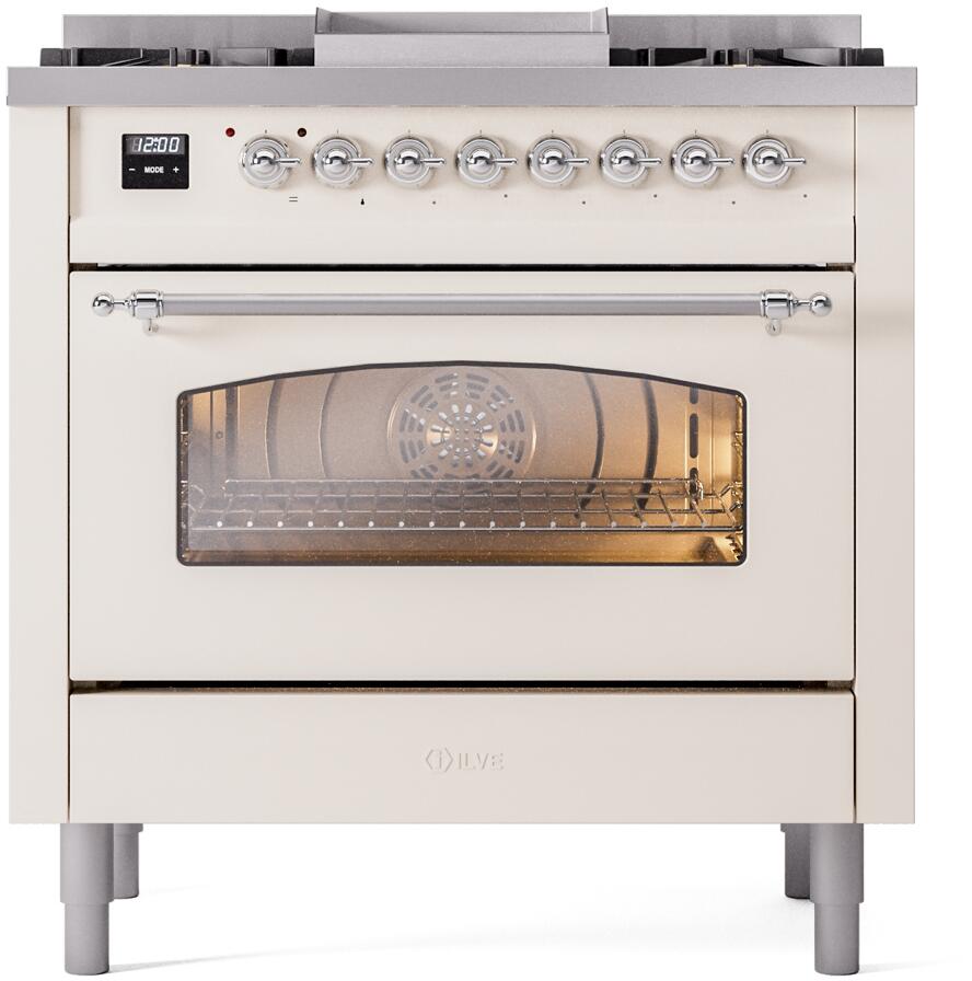 Ilve UP36FNMPAWC Nostalgie Ii 36 Inch Dual Fuel Natural Gas Freestanding Range In Antique White With Chrome Trim