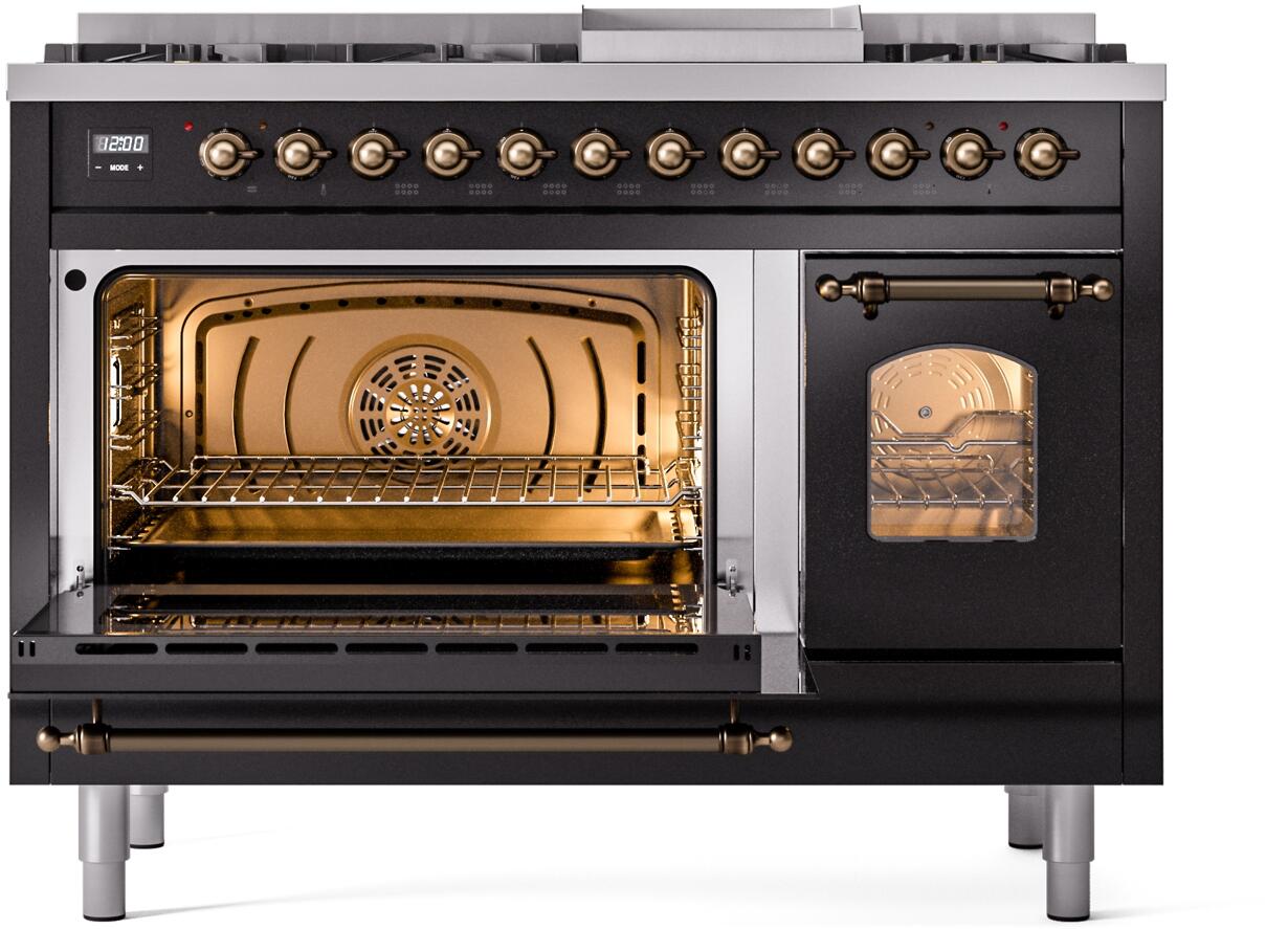 Ilve UP48FNMPBKB Nostalgie Ii 48 Inch Dual Fuel Natural Gas Freestanding Range In Glossy Black With Bronze Trim