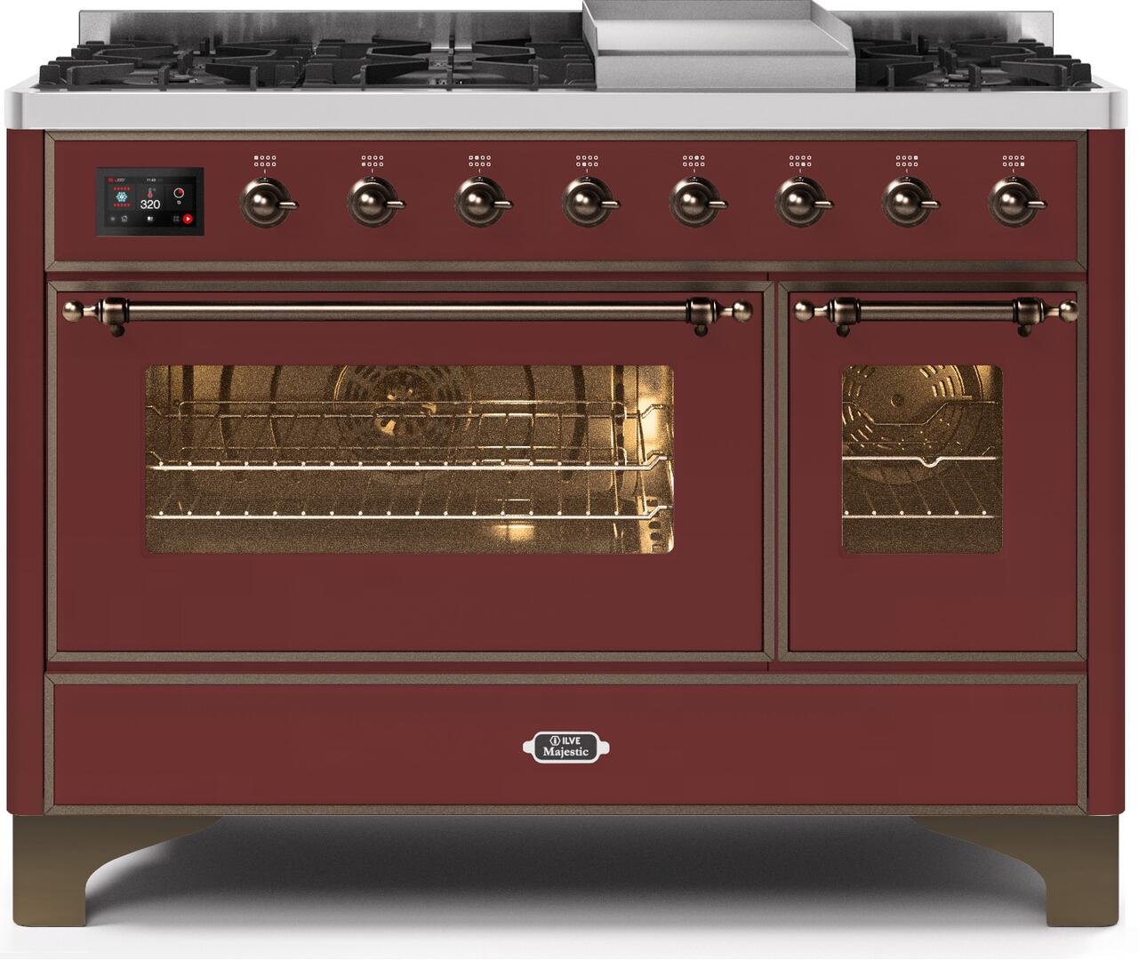 Ilve UM12FDNS3BUBLP Majestic Ii 48 Inch Dual Fuel Liquid Propane Freestanding Range In Burgundy With Bronze Trim