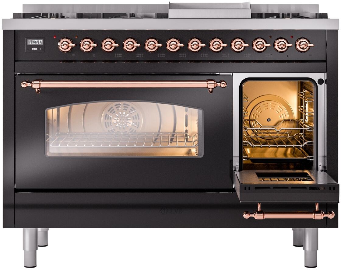 Ilve UP48FNMPBKP Nostalgie Ii 48 Inch Dual Fuel Natural Gas Freestanding Range In Glossy Black With Copper Trim