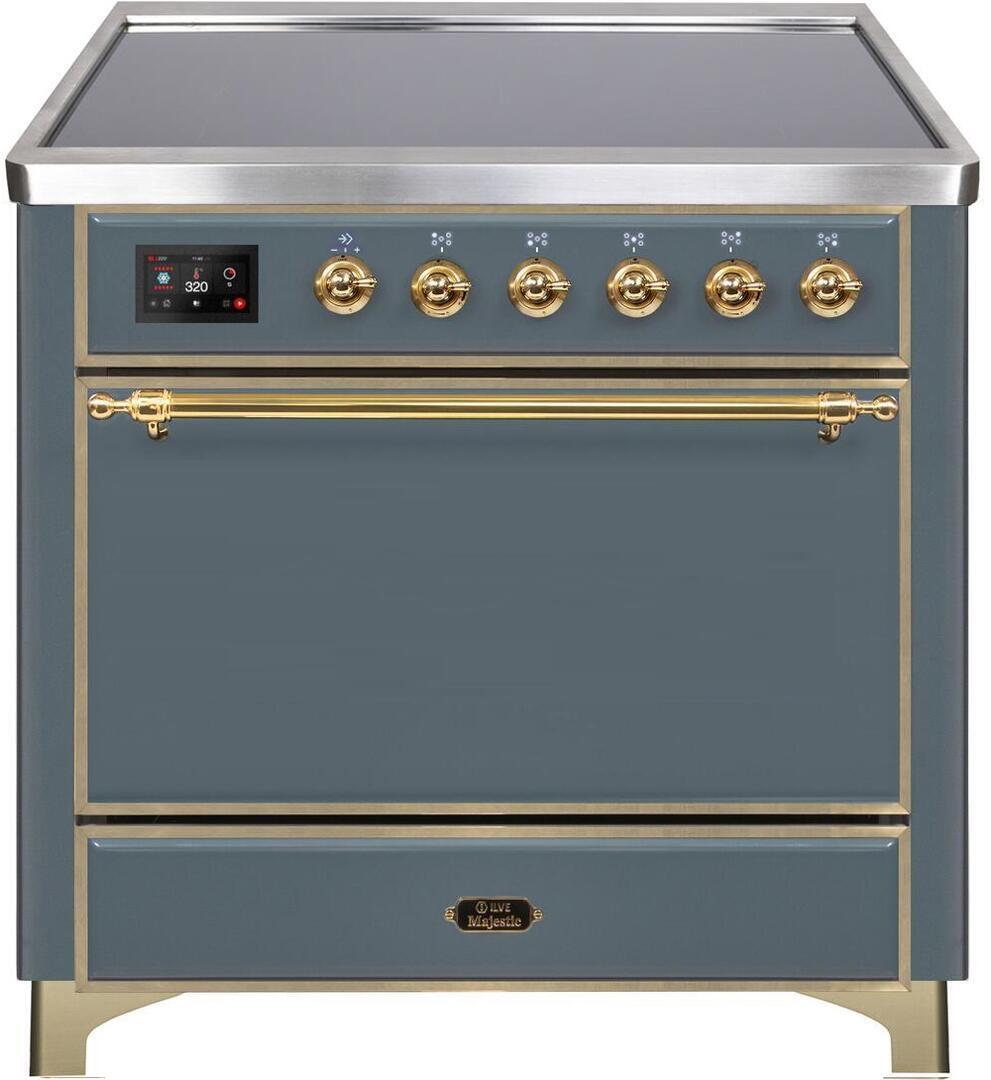 Ilve UMI09QNS3BGG Majestic Ii 36 Inch Electric Freestanding Range In Blue Grey With Brass Trim