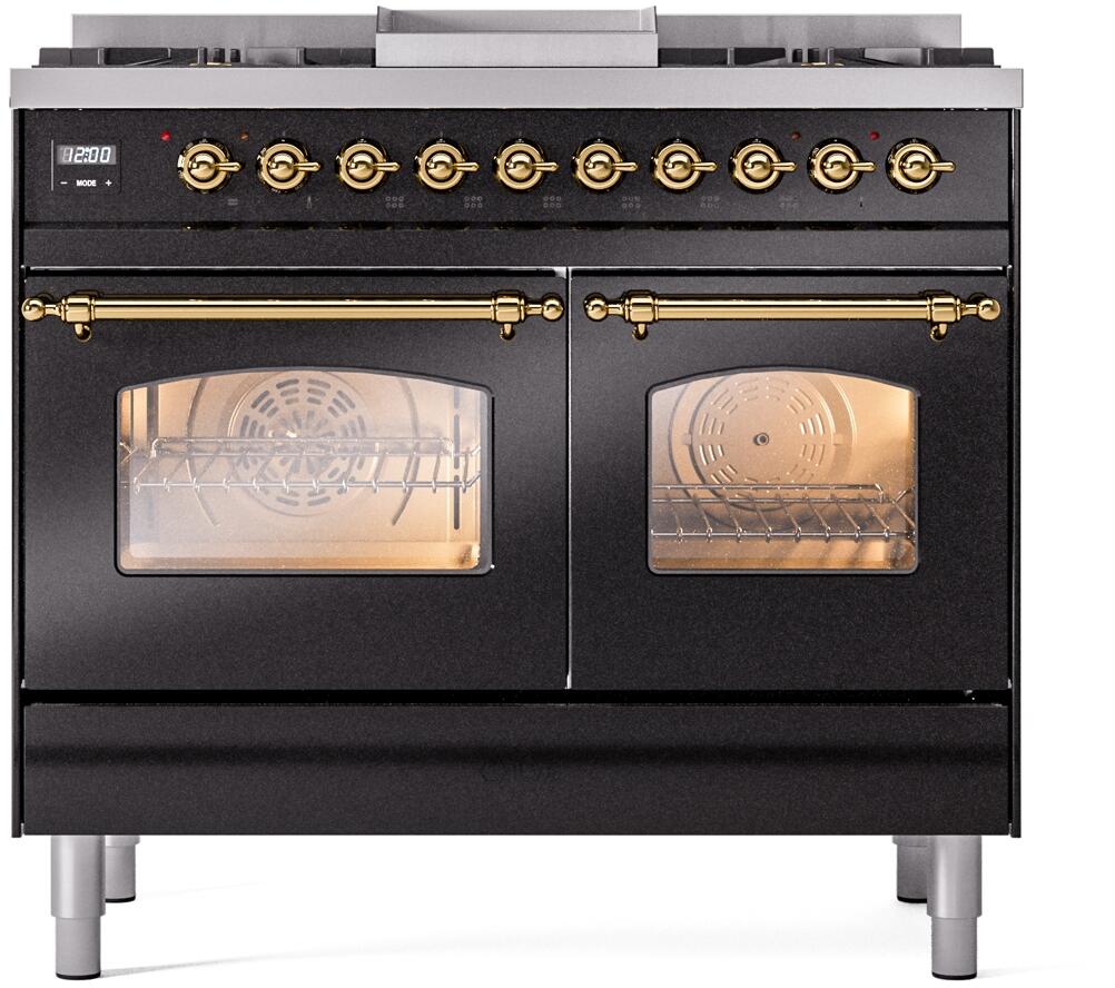 Ilve UPD40FNMPBKGLP Nostalgie Ii 40 Inch Dual Fuel Liquid Propane Freestanding Range In Glossy Black With Brass Trim