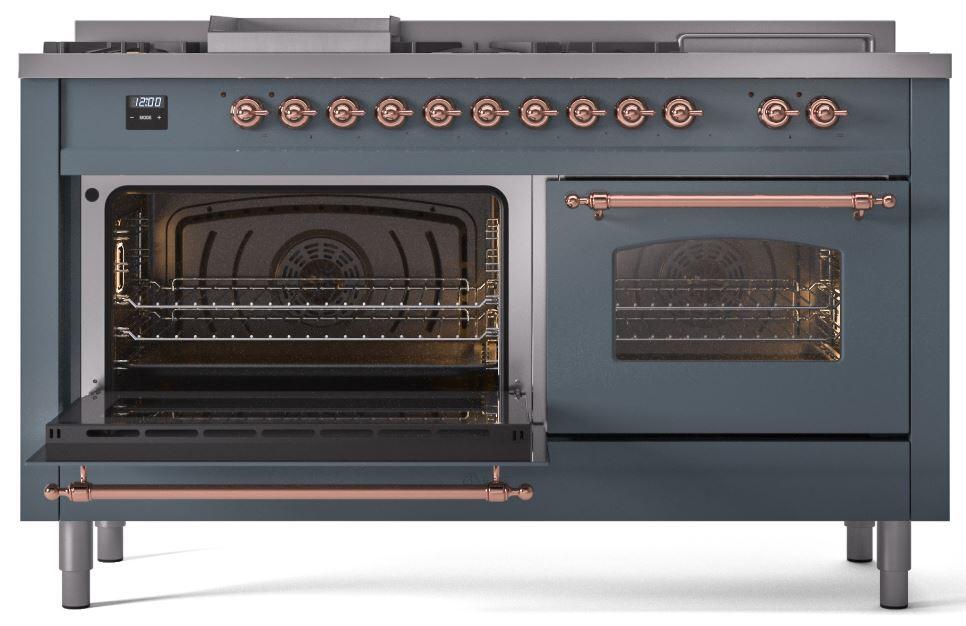 Ilve UP60FSNMPBGPLP Nostalgie Ii 60 Inch Dual Fuel Liquid Propane Freestanding Range In Blue Grey With Copper Trim