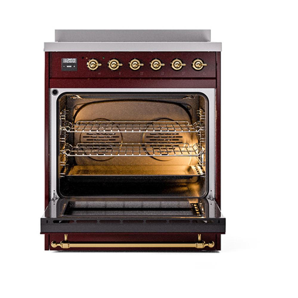 Ilve UNI304NMPBUG Ilve Uni304Nmpbug Nostalgie Ii Noblesse 30" Induction Range (Triple Glass Door, Burgundy, Brass)