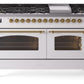 Ilve UP60FNMPWHG Nostalgie Ii 60 Inch Dual Fuel Natural Gas Freestanding Range In White With Brass Trim