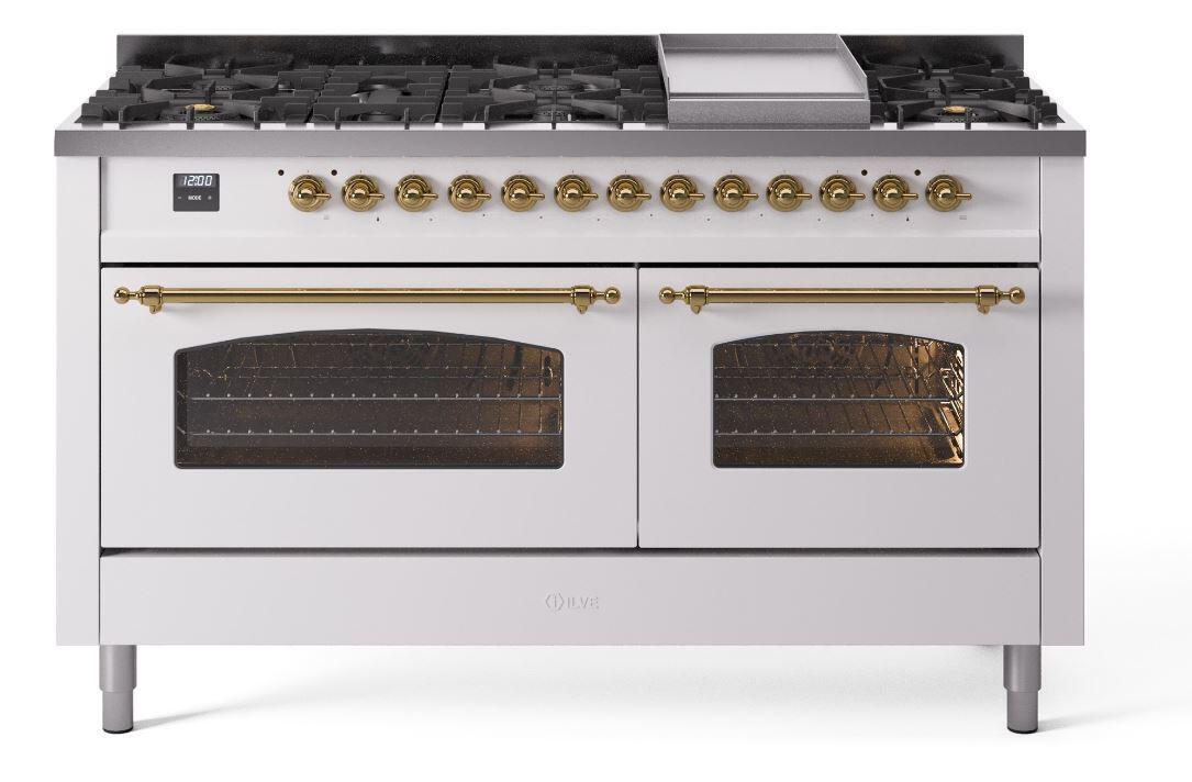 Ilve UP60FNMPWHG Nostalgie Ii 60 Inch Dual Fuel Natural Gas Freestanding Range In White With Brass Trim