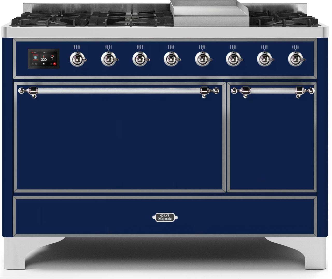 Ilve UM12FDQNS3MBC Majestic Ii 48 Inch Dual Fuel Natural Gas Freestanding Range In Blue With Chrome Trim