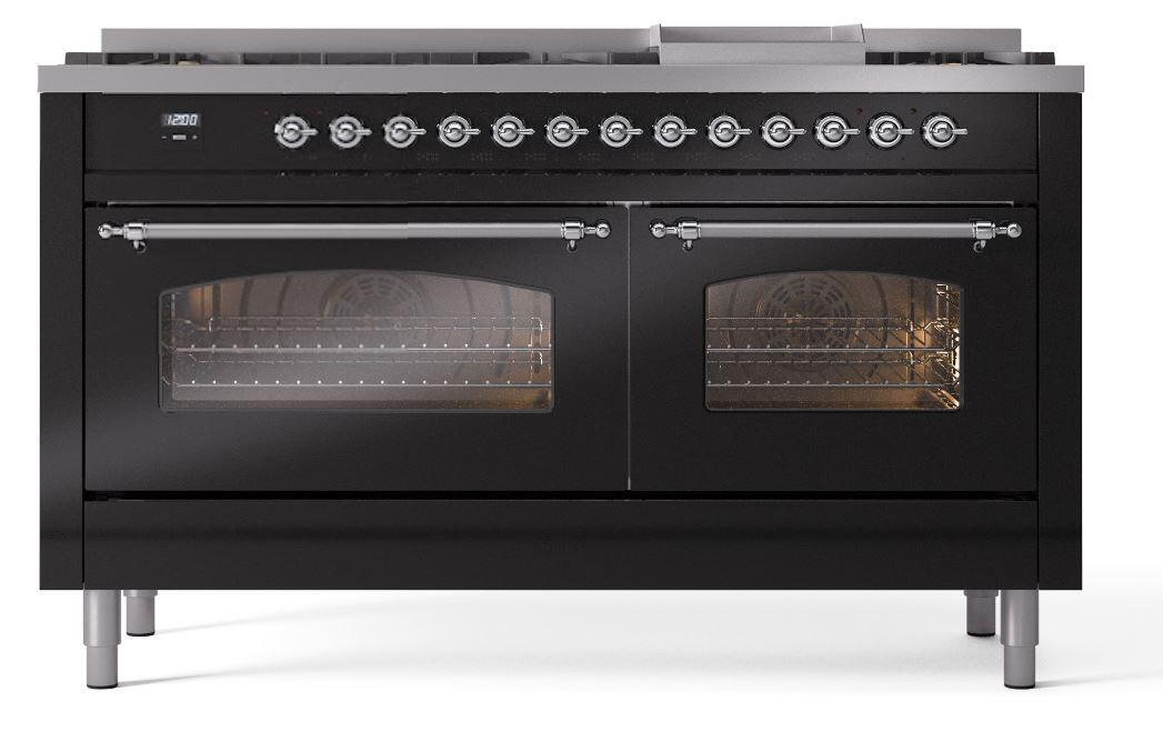 Ilve UP60FNMPBKC Nostalgie Ii 60 Inch Dual Fuel Natural Gas Freestanding Range In Glossy Black With Chrome Trim