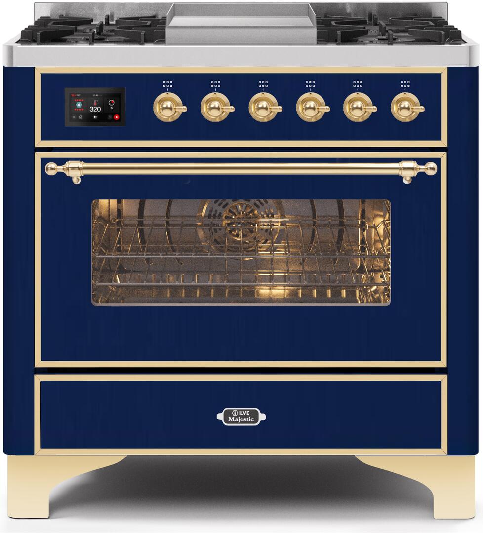 Ilve UM09FDNS3MBG Majestic Ii 36 Inch Dual Fuel Natural Gas Freestanding Range In Blue With Brass Trim