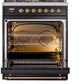 Ilve UP30NMPBKG Nostalgie Ii 30 Inch Dual Fuel Natural Gas Freestanding Range In Glossy Black With Brass Trim