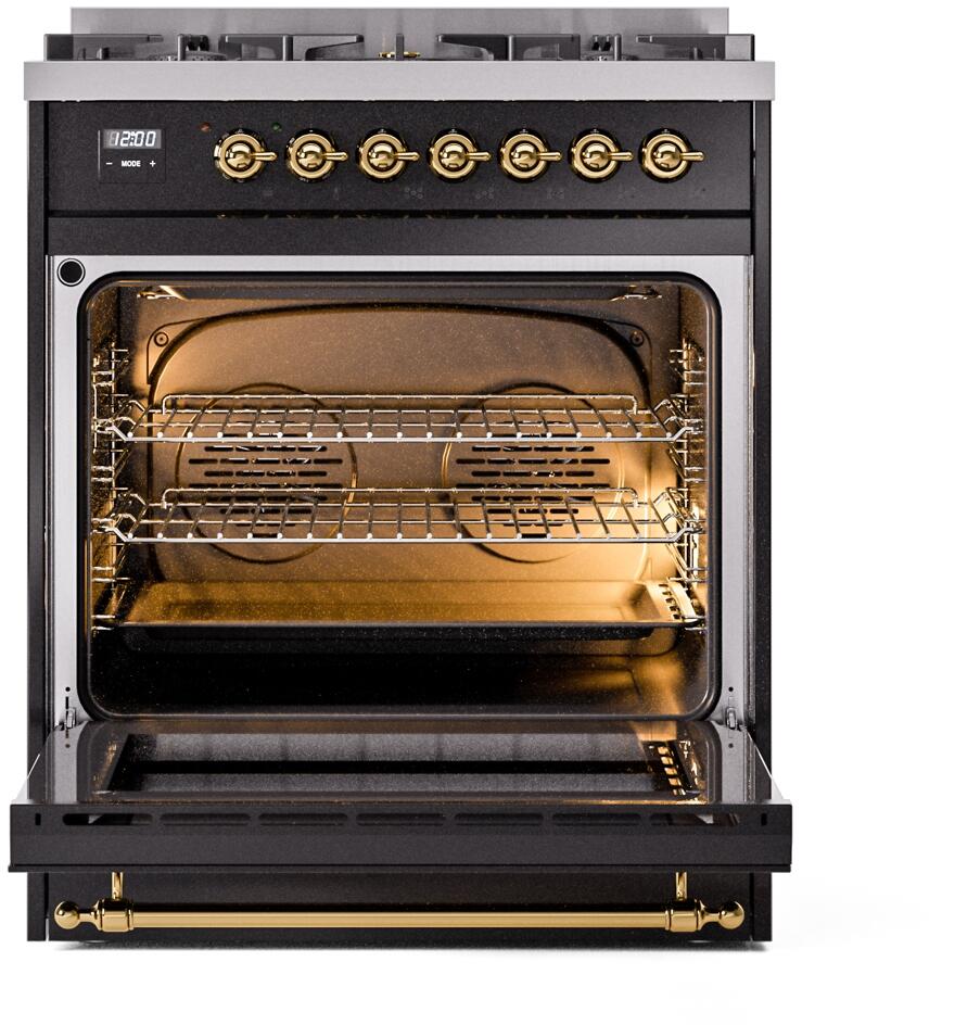 Ilve UP30NMPBKG Nostalgie Ii 30 Inch Dual Fuel Natural Gas Freestanding Range In Glossy Black With Brass Trim