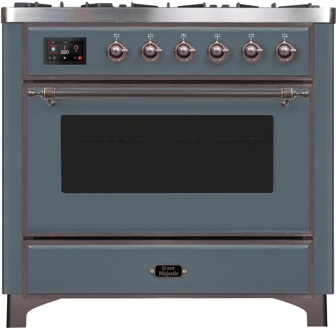 Ilve UM09FDNS3BGBLP Majestic Ii 36 Inch Dual Fuel Liquid Propane Freestanding Range In Blue Grey With Bronze Trim