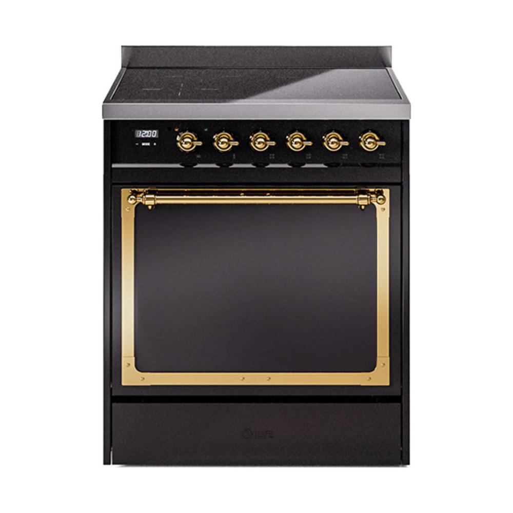 Ilve UNI304QNMPBKG Ilve Uni304Qnmpbkg Nostalgie Ii Noblesse 30" Induction Range (Solid Door, Glossy Black, Brass)