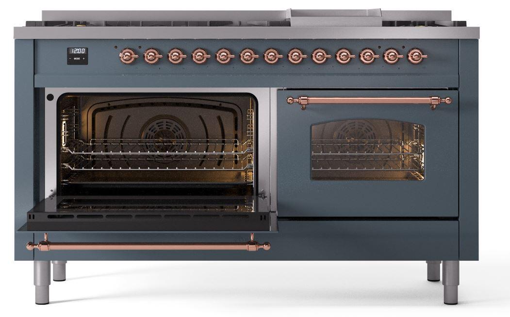 Ilve UP60FNMPBGPLP Nostalgie Ii 60 Inch Dual Fuel Liquid Propane Freestanding Range In Blue Grey With Copper Trim