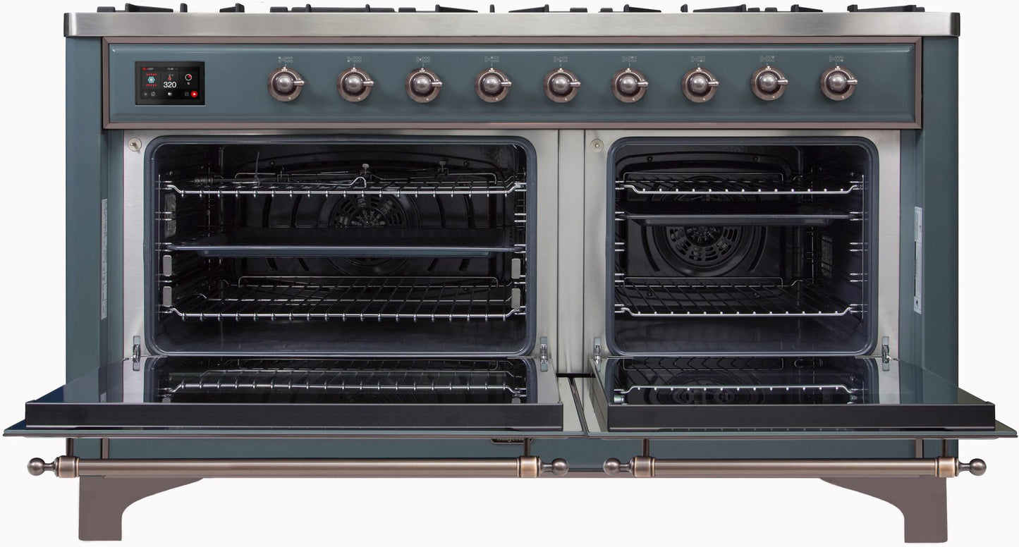 Ilve UM15FDNS3BGBLP Majestic Ii 60 Inch Dual Fuel Liquid Propane Freestanding Range In Blue Grey With Bronze Trim