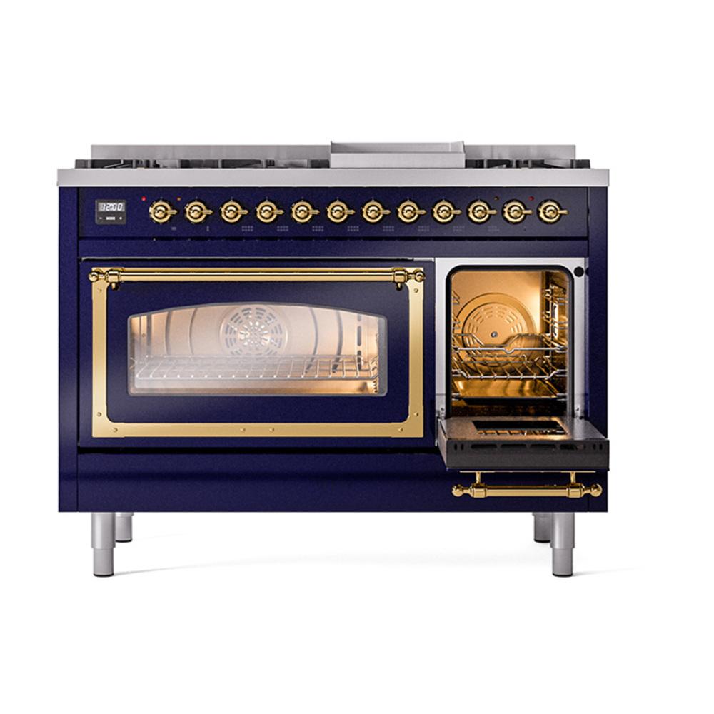 Ilve UN48FNMPMBG Ilve Un48Fnmpmbg Nostalgie Ii Noblesse 48" Dual Fuel Range (8 Sealed Burners + Griddle, Natural Gas, Triple Glass Door, Midnight Blue, Brass)