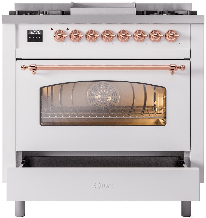 Ilve UP36FNMPWHP Nostalgie Ii 36 Inch Dual Fuel Natural Gas Freestanding Range In White With Copper Trim