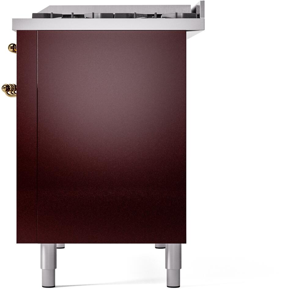 Ilve UP48FNMPBUGLP Nostalgie Ii 48 Inch Dual Fuel Liquid Propane Freestanding Range In Burgundy With Brass Trim