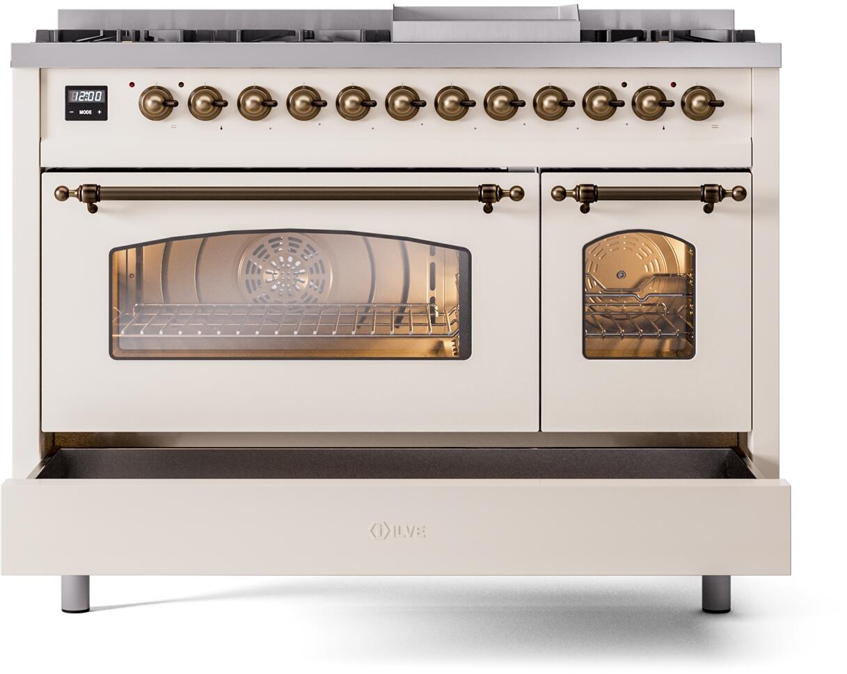 Ilve UP48FNMPAWB Nostalgie Ii 48 Inch Dual Fuel Natural Gas Freestanding Range In Antique White With Bronze Trim