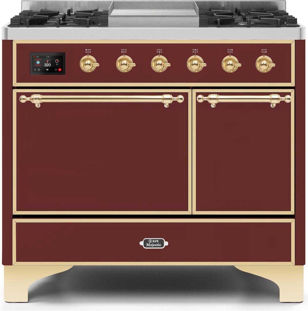 Ilve UMD10FDQNS3BUG Majestic Ii 40 Inch Dual Fuel Natural Gas Freestanding Range In Burgundy With Brass Trim