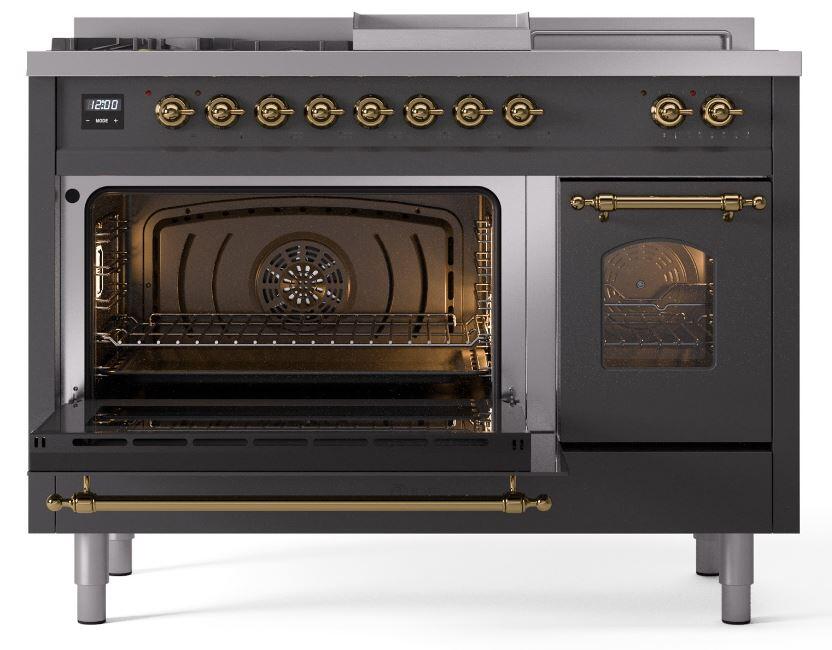 Ilve UP48FSNMPMGG Nostalgie Ii 48 Inch Dual Fuel Natural Gas Freestanding Range In Matte Graphite With Brass Trim