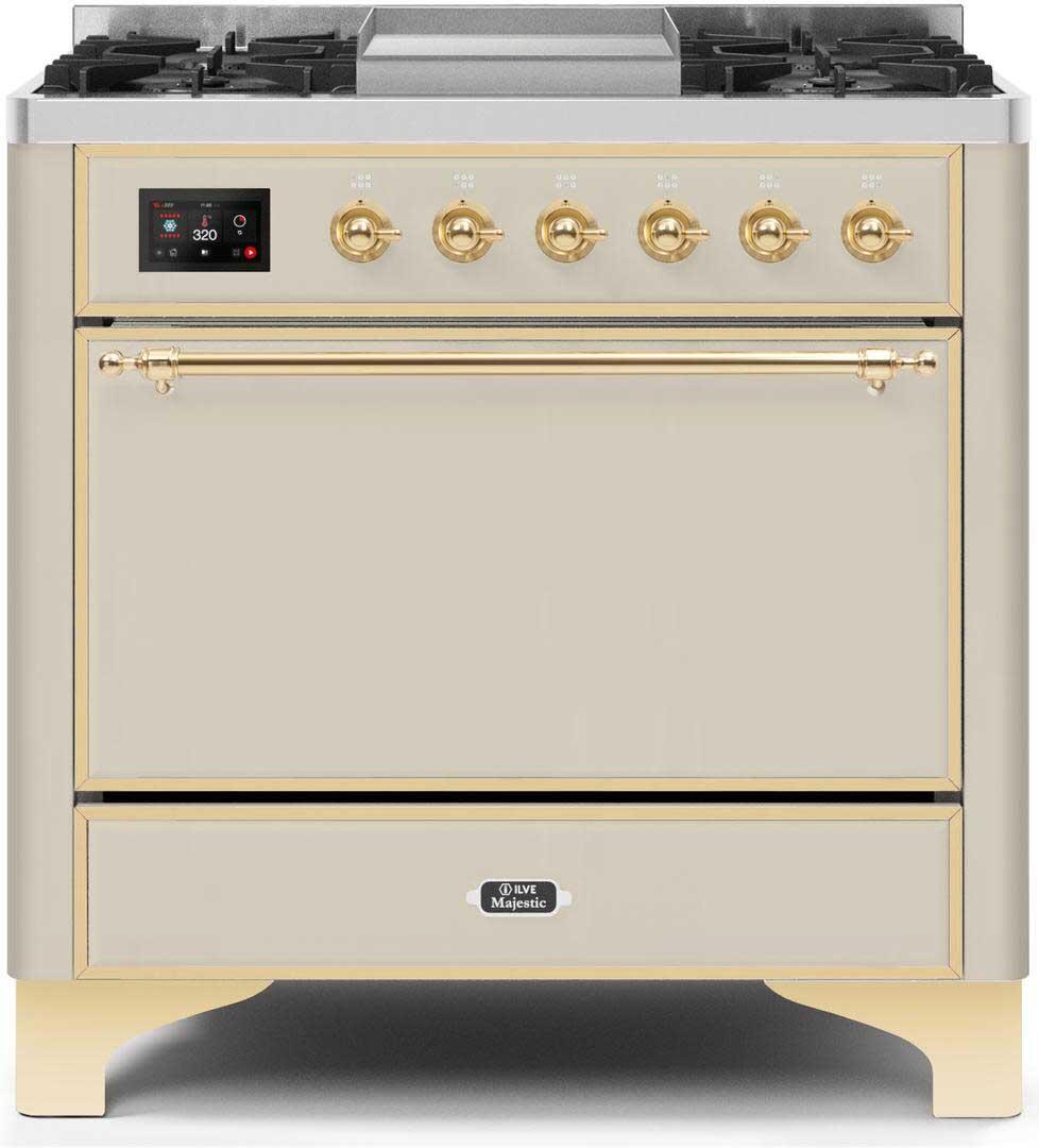 Ilve UM09FDQNS3AWGLP Majestic Ii 36 Inch Dual Fuel Liquid Propane Freestanding Range In Antique White With Brass Trim