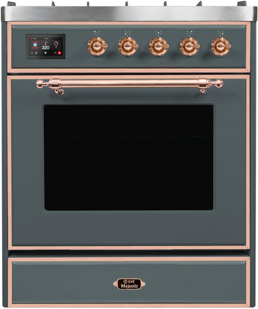 Ilve UM30DNE3BGP Majestic Ii 30 Inch Dual Fuel Natural Gas Freestanding Range In Blue Grey With Copper Trim