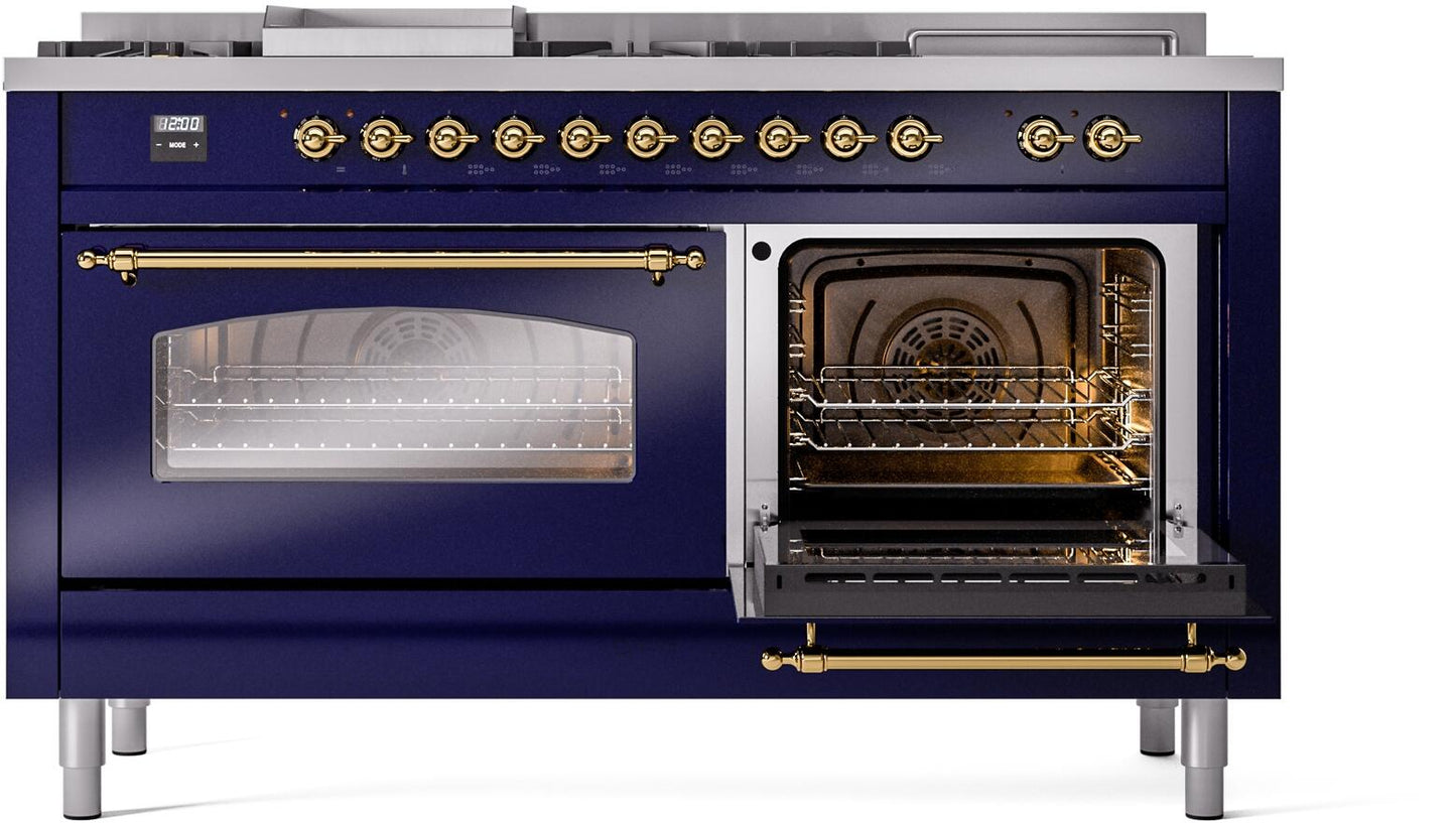 Ilve UP60FSNMPMBGLP Nostalgie Ii 60 Inch Dual Fuel Liquid Propane Freestanding Range In Blue With Brass Trim