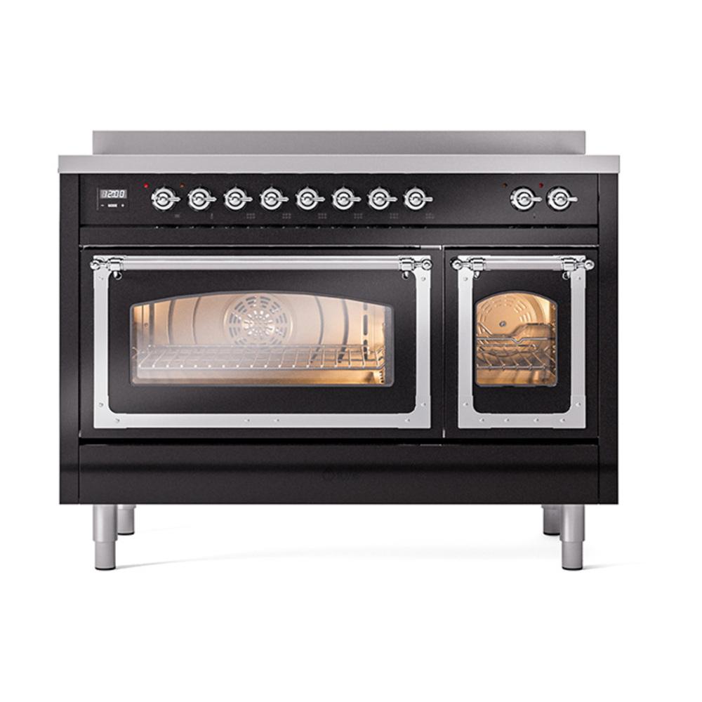 Ilve UNI486NMPBKC Ilve Uni486Nmpbkc Nostalgie Ii Noblesse 48" Induction Range (Triple Glass Door, Glossy Black, Chrome)