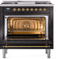 Ilve UP36FNMPBKG Nostalgie Ii 36 Inch Dual Fuel Natural Gas Freestanding Range In Glossy Black With Brass Trim