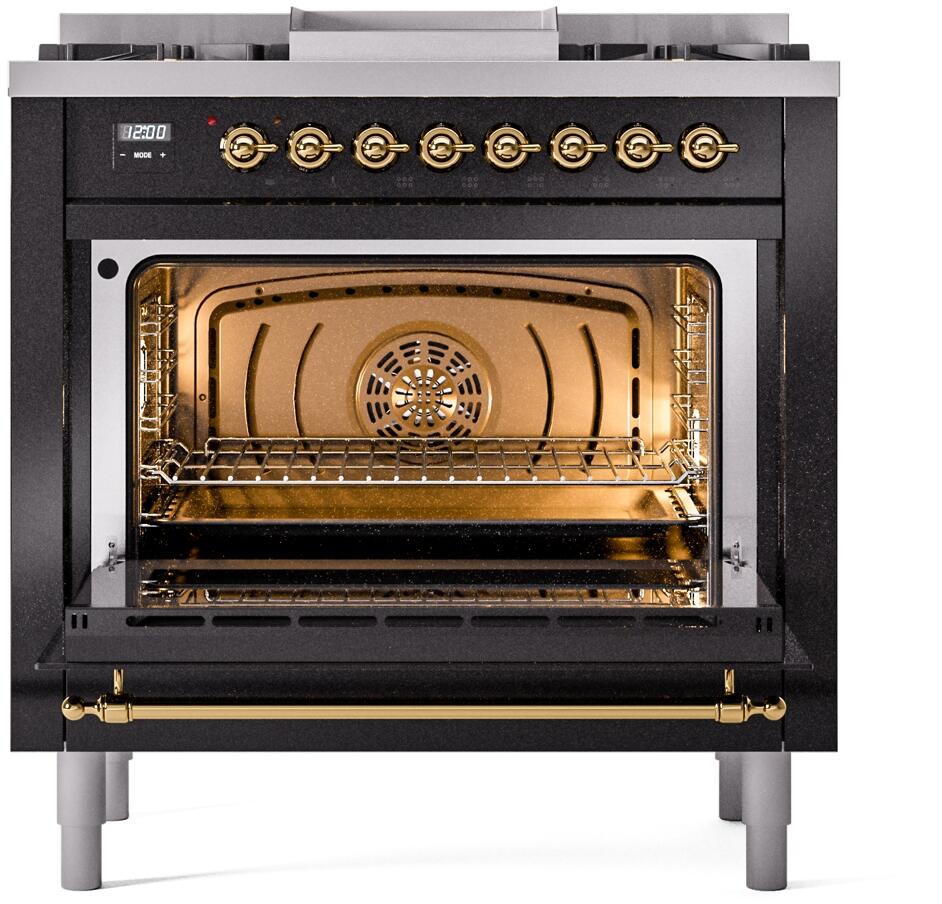 Ilve UP36FNMPBKG Nostalgie Ii 36 Inch Dual Fuel Natural Gas Freestanding Range In Glossy Black With Brass Trim