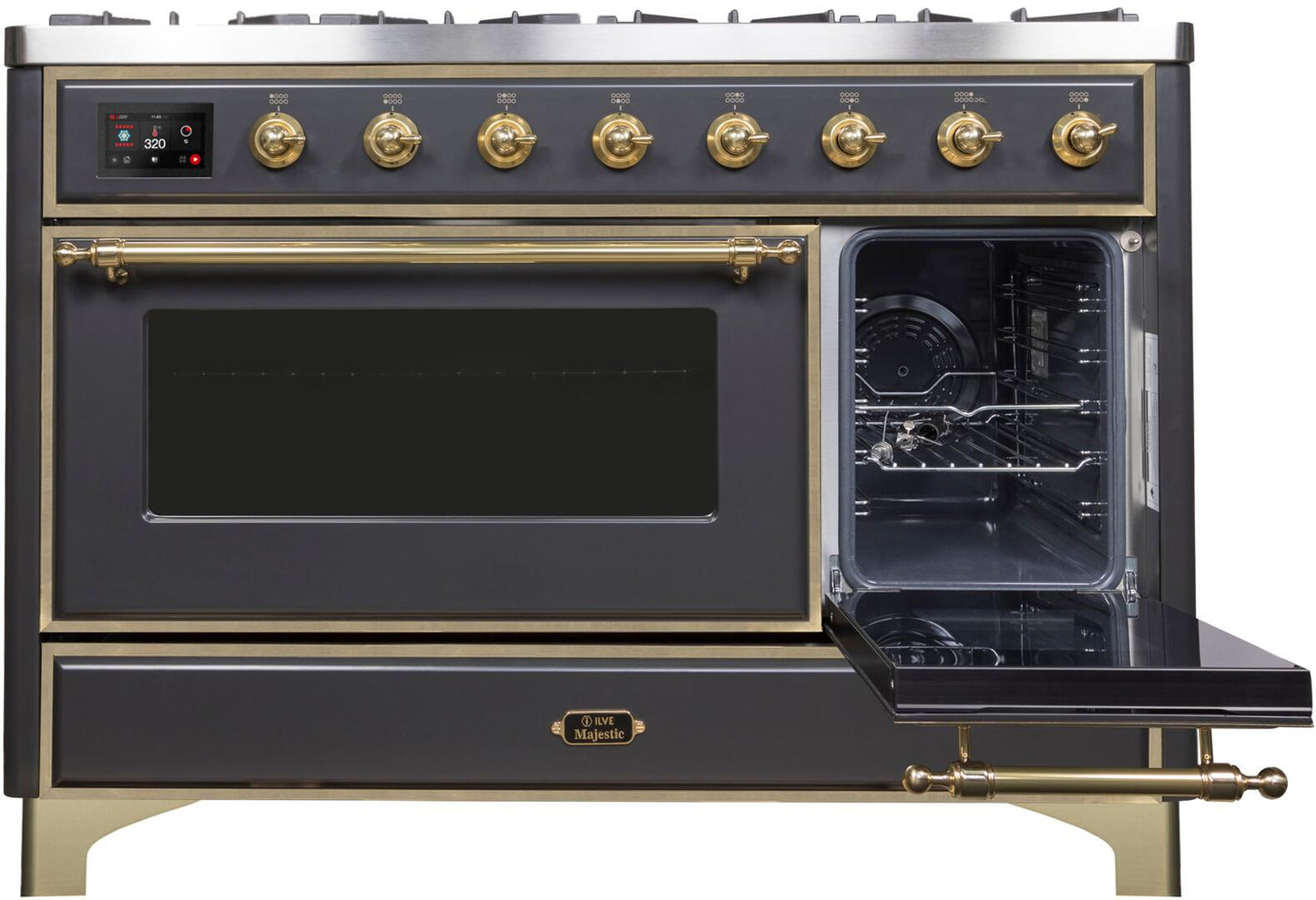 Ilve UM12FDNS3MGGLP Majestic Ii 48 Inch Dual Fuel Liquid Propane Freestanding Range In Matte Graphite With Brass Trim