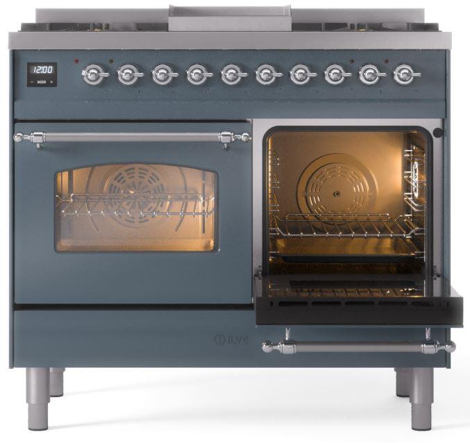 Ilve UPD40FNMPBGCLP Nostalgie Ii 40 Inch Dual Fuel Liquid Propane Freestanding Range In Blue Grey With Chrome Trim