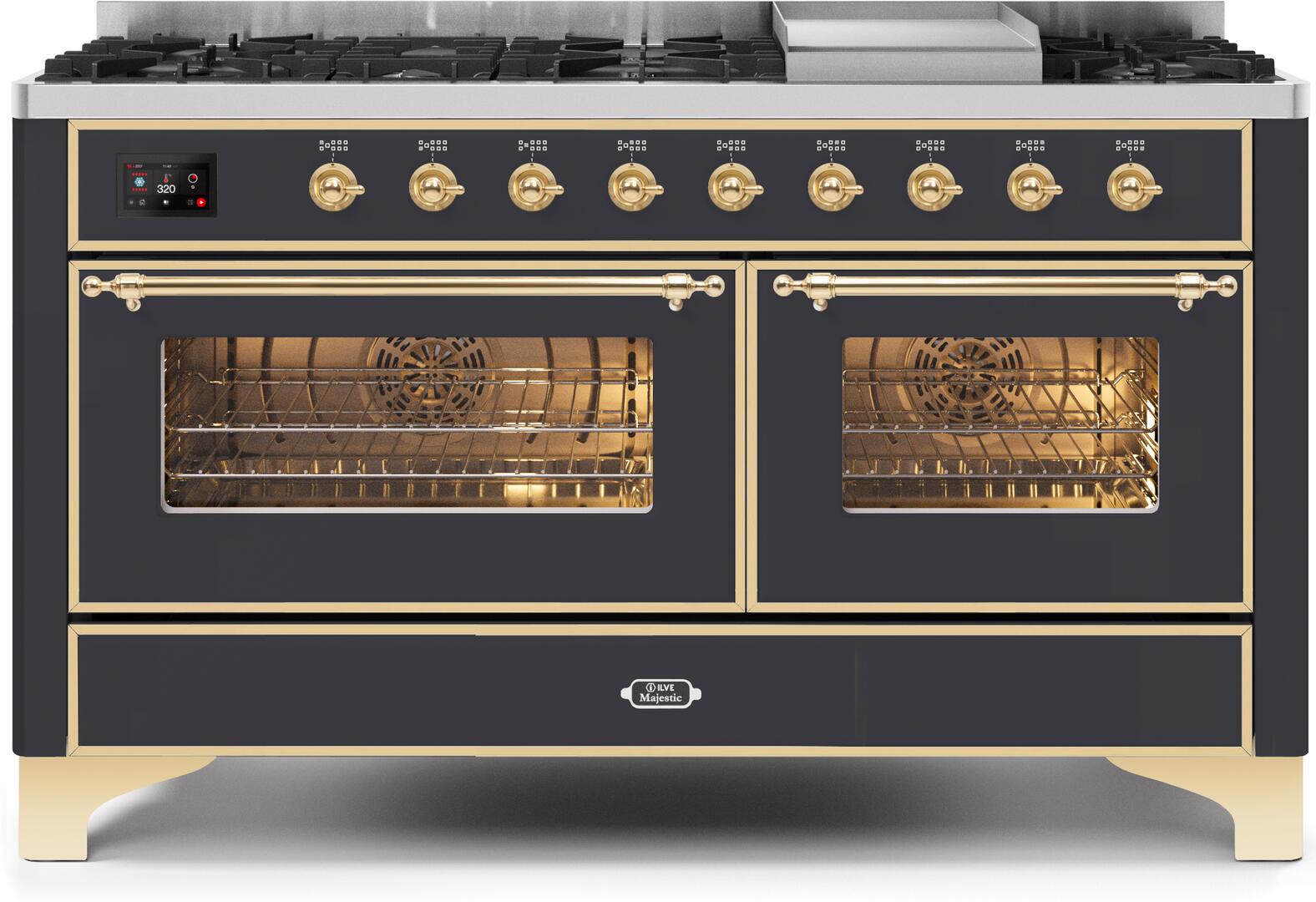 Ilve UM15FDNS3MGGLP Majestic Ii 60 Inch Dual Fuel Liquid Propane Freestanding Range In Matte Graphite With Brass Trim