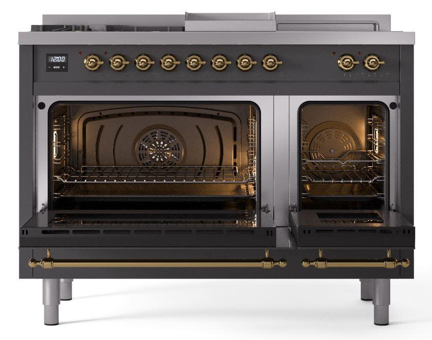 Ilve UP48FSNMPMGGLP Nostalgie Ii 48 Inch Dual Fuel Liquid Propane Freestanding Range In Matte Graphite With Brass Trim