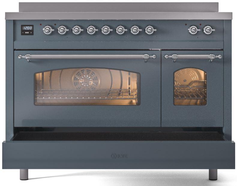 Ilve UPI486NMPBGC Nostalgie Ii 48 Inch Electric Freestanding Range In Blue Grey With Chrome Trim