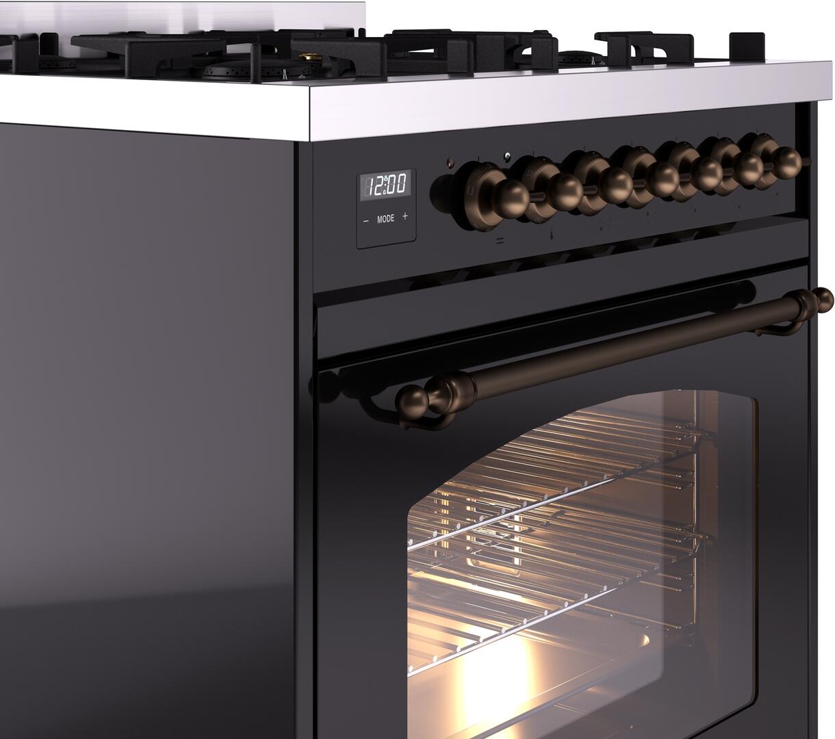 Ilve UP30NMPBKB Nostalgie Ii 30 Inch Dual Fuel Natural Gas Freestanding Range In Glossy Black With Bronze Trim