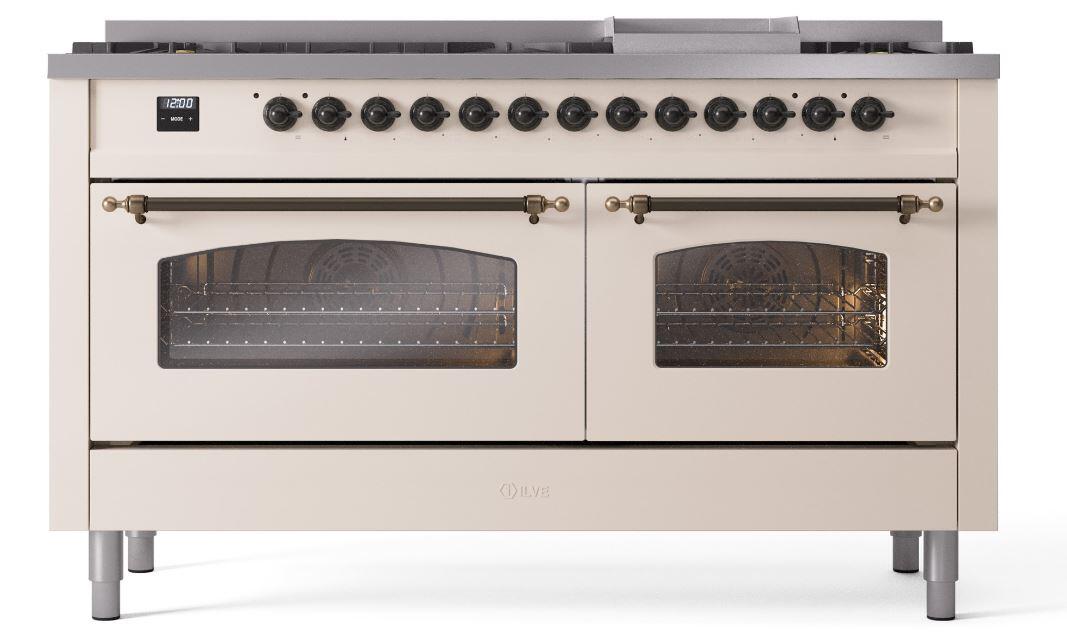 Ilve UP60FNMPAWBLP Nostalgie Ii 60 Inch Dual Fuel Liquid Propane Freestanding Range In Antique White With Bronze Trim